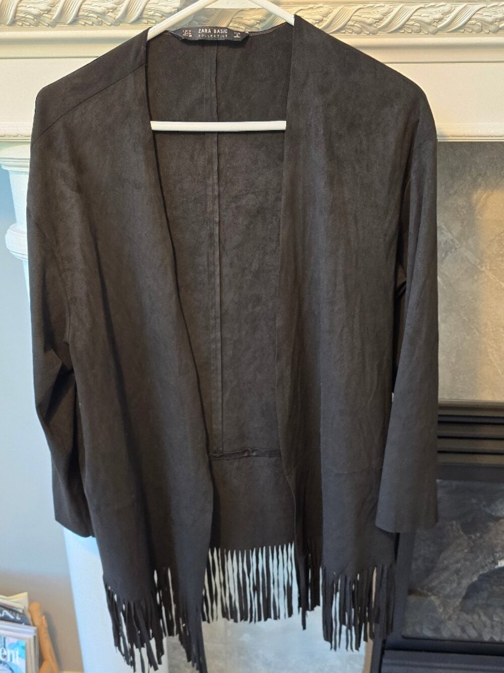 ZARA Black Faux Suede Fringe Open Front Cardigan Jacket - Size M